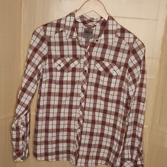 REI MensvMaroon Red Plaid Snap Down Shirt Medium - Picture 1 of 7